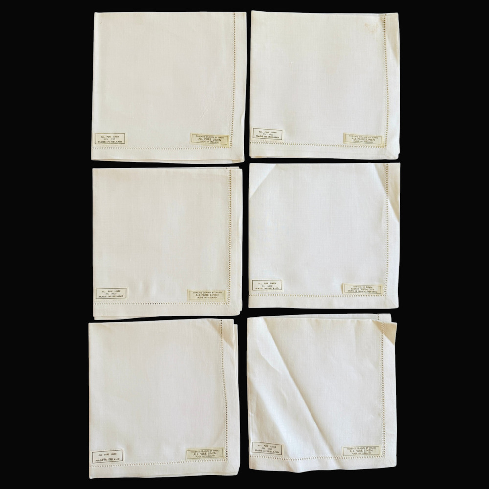 Lot of 6 Vintage Irish Linen Luncheon Napkins + Stickers Hemstitch 12" NWT READ